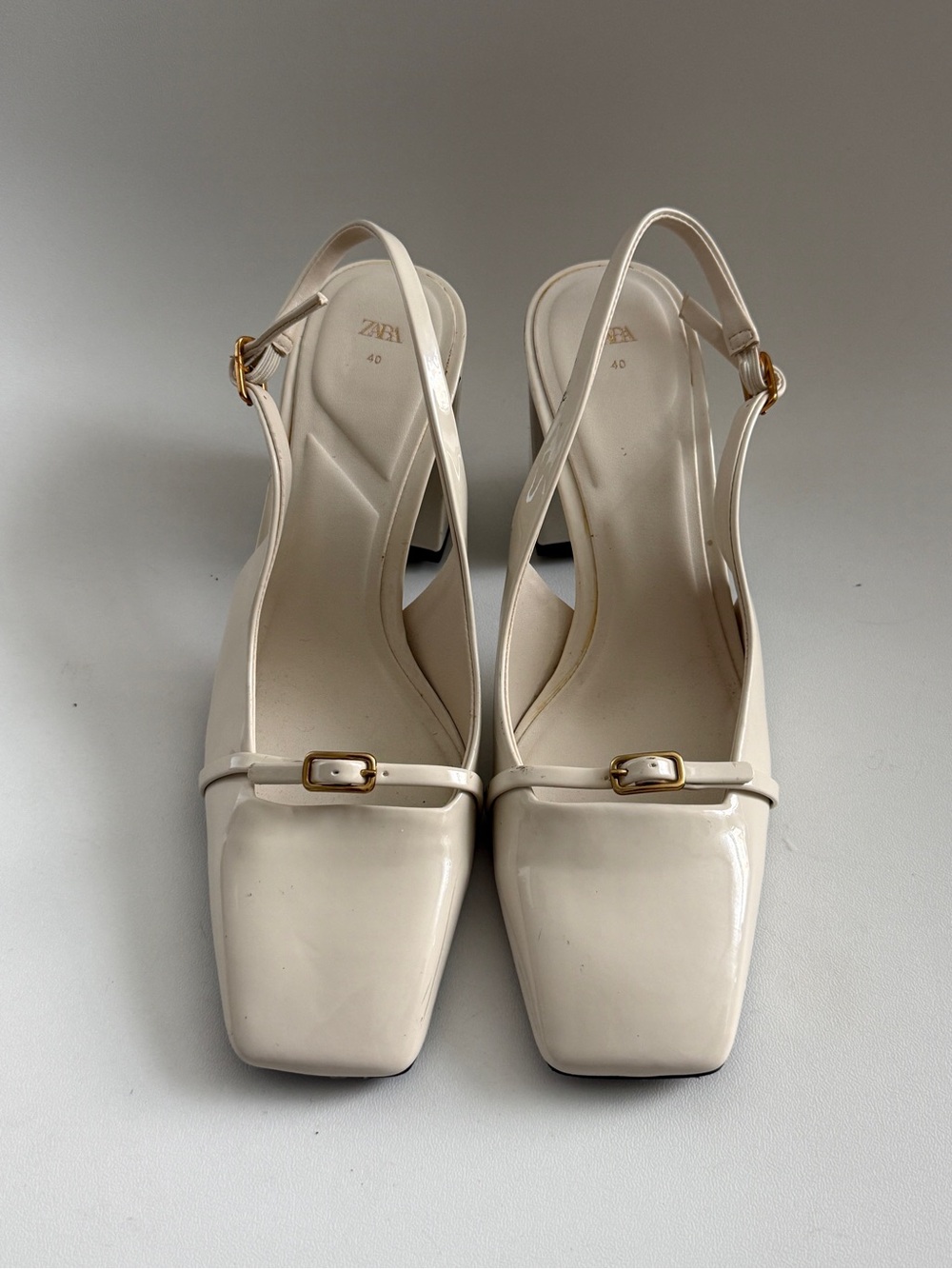 ZARA Cream Patent Square-Toe Slingback Pumps with Gold Buckles